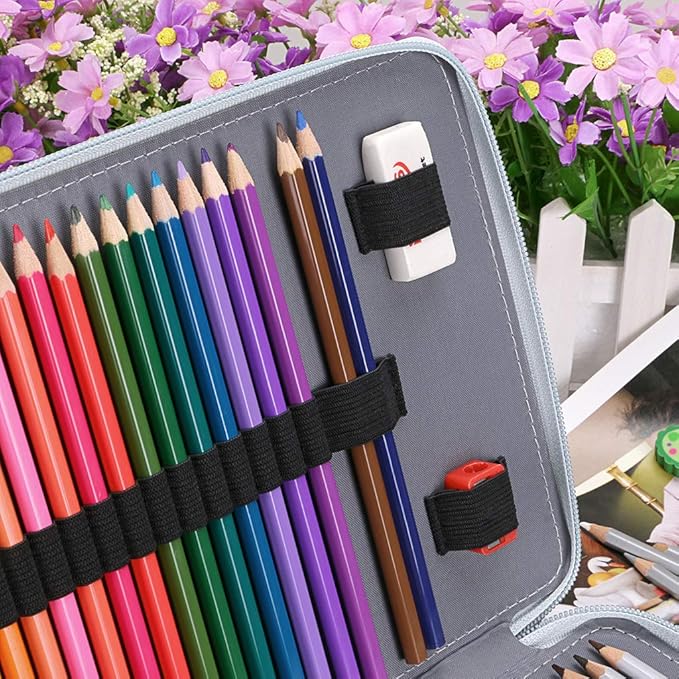 BTSKY 200 Slots Colored Pencil Organizer - Deluxe PU Leather Pencil Case Holder With Removal Handle Strap Pencil Box Large for Colored Pencils Watercolor Pencils Grey