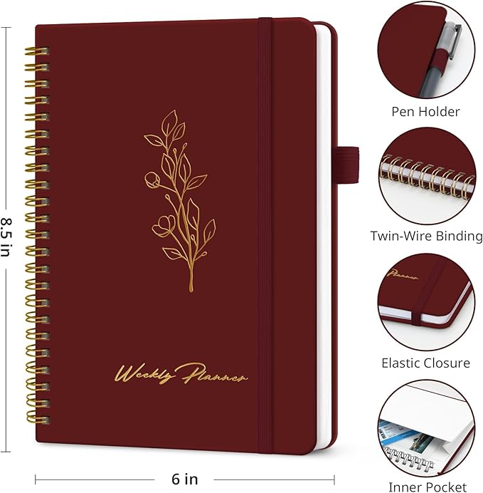 Taja Undated Weekly Planner, Weekly To Do List Notebook with Goal & Habit Tracker Organizer, A5 Weekly Planner Notebook with Spiral Binding, 6.1" x 8.2" - Burgundy