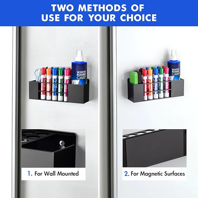 Magnetic Dry Erase Marker Holder for Whiteboard, Wall Mount Pen Holder for Refrigerator, Clear Pencil Holder for Fridge, Strong Magnet Locker Organizer for Classroom(Black)
