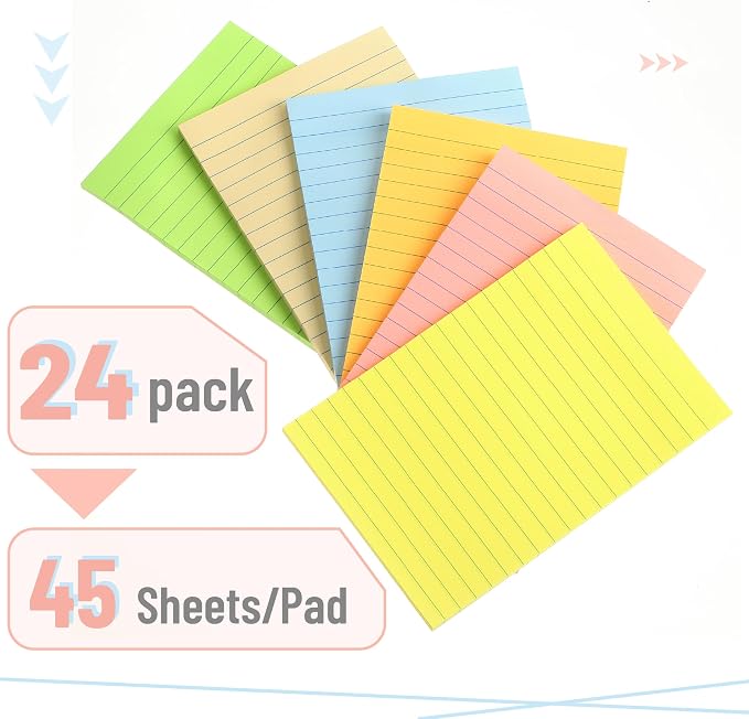 Mr. Pen- Lined Sticky Notes, 4" x 6", 24 Pads, 45 Sheets/Pad