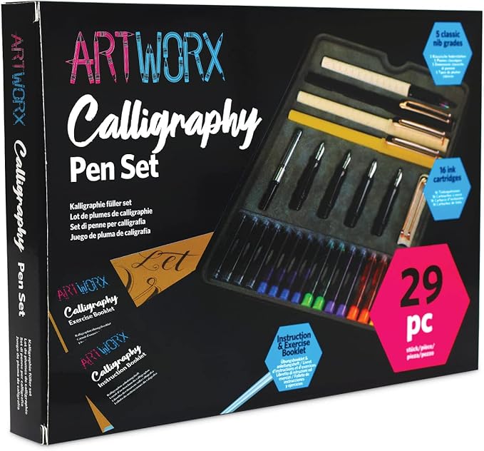 Artworx Calligraphy Pens Set - Introductory Caligraphy Writing & Hand Lettering Kit - Includes Instructions, Guide Book and Practice Book - Calligraphy Set For Beginners