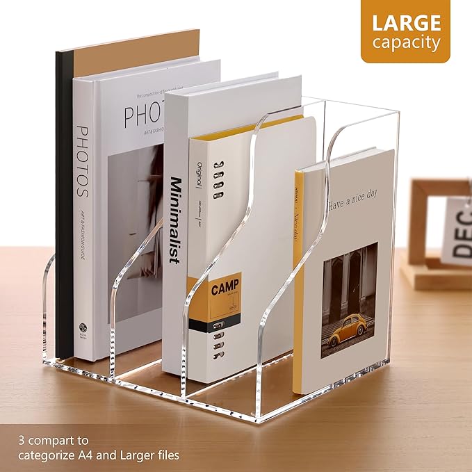SANRUI Acrylic File Organizer, Clear Magazine File Holder with 3 Vertical Compartments, Desk Organizer for Home School Office Organization, Desk Bookshelf