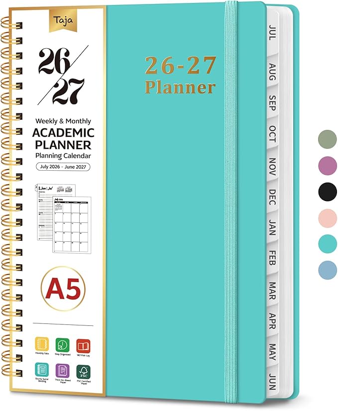 Planner 2026-2027, 6.3" x 8.5" Weekly and Monthly Academic Year Planner Calendar, July 2026 - June 2027, Hardcover Large School Planning Agenda With Tabs, Perfect for School & Office Supplies, A5, Aquamarine