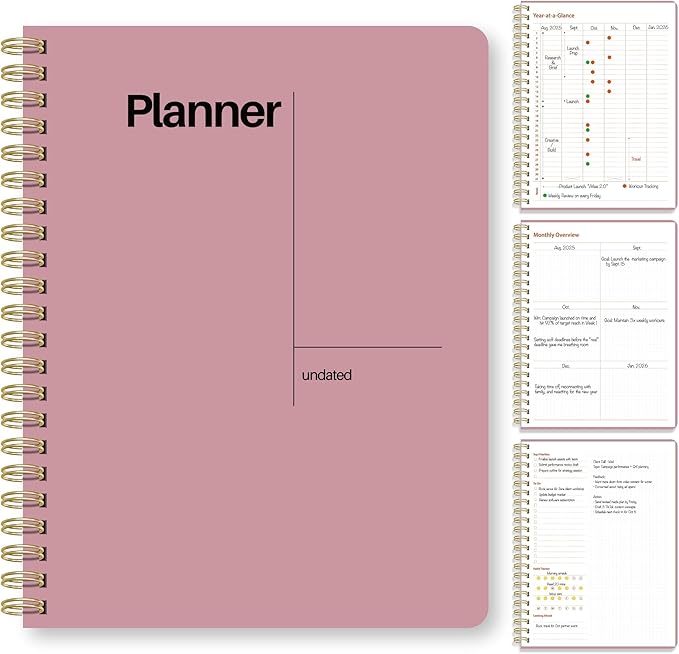 Undated Weekly Planner, 8.5" x 11", Dashboard Layout with Yearly Review, Monthly Calendars, & Weekly To Do List, Spiral Bound Organizer for Work, Study & Life (Pink)