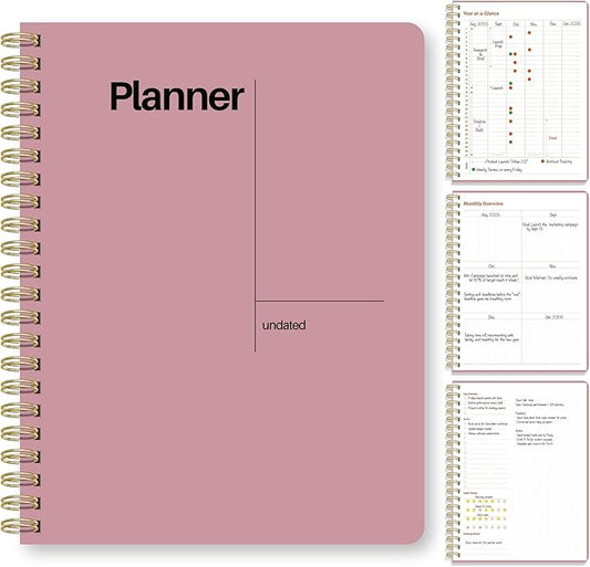 Undated Weekly Planner, 8.5" x 11", Dashboard Layout with Yearly Review, Monthly Calendars, & Weekly To Do List, Spiral Bound Organizer for Work, Study & Life (Pink)