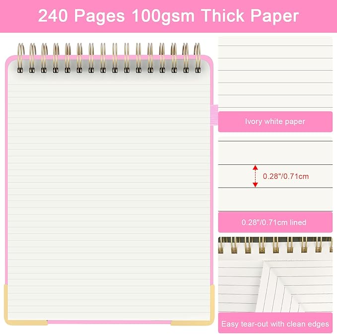 Top Spiral Notebook, A4 Hardcover Top Bound Steno Pads, 240 Pages 100gsm College Ruled Left Handed Notebook Journal for Work, School, Meeting Writing - Pink, 8.5" x 11"