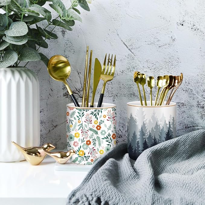 Large Capacity Pen Pencil Holder for Desk, Ceramic Pens Cup Cute Makeup Brushes Holder, Unique Desk Multifunctional Pen Organizer for Home, Office, and School, Forest Pattern