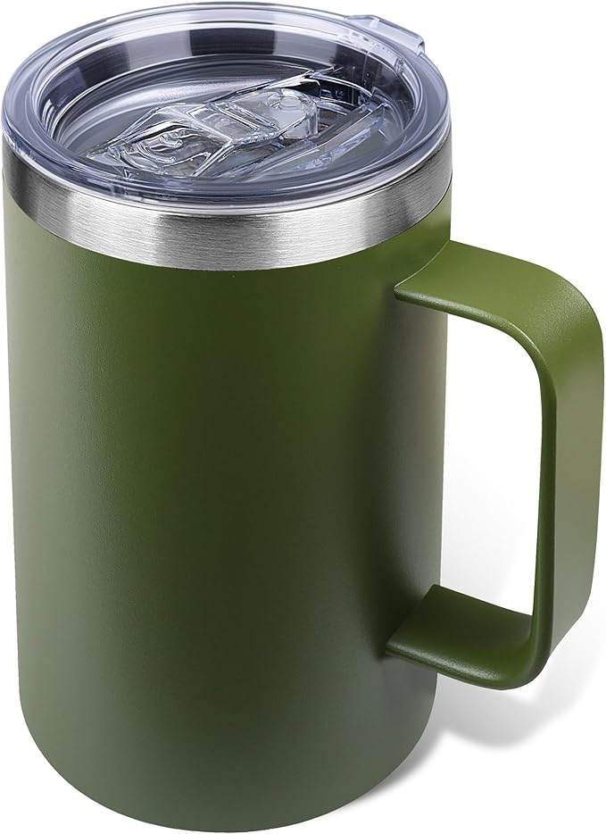 22oz Insulated Coffee Mug with Handle & Leak-Proof Lid - Double Wall Stainless Steel Travel Tumbler for Commute/Office/Home, Army Green, 1 Pack