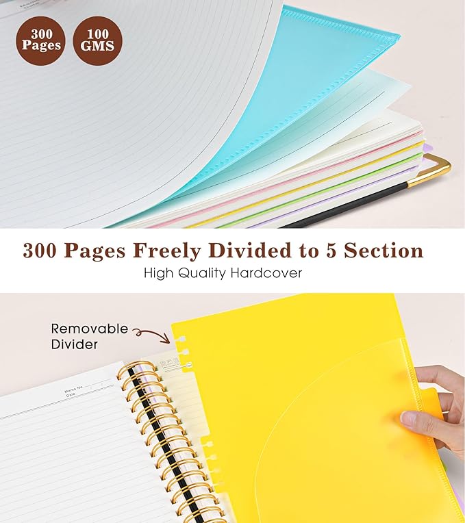 Hardcover Large Spiral Notebook journal with Removable Dividers Tabs, 300 pages Leather 5 Subject Notebook College Ruled, 8" x 10"Journal for Women Men, Notebooks for Work School Note taking,B5 Black