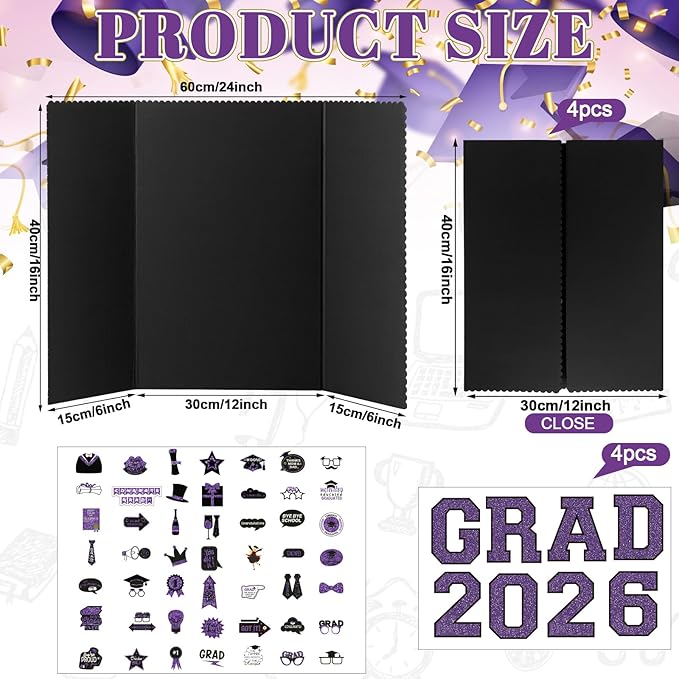 MiniInflat 4 Set Graduation Photo Display Board Trifold Poster Board for Class of 2026 Grad Party Picture Display Graduation Photo Frames for Multiple Pictures Table Decor(Purple,24 x 16 Inches)