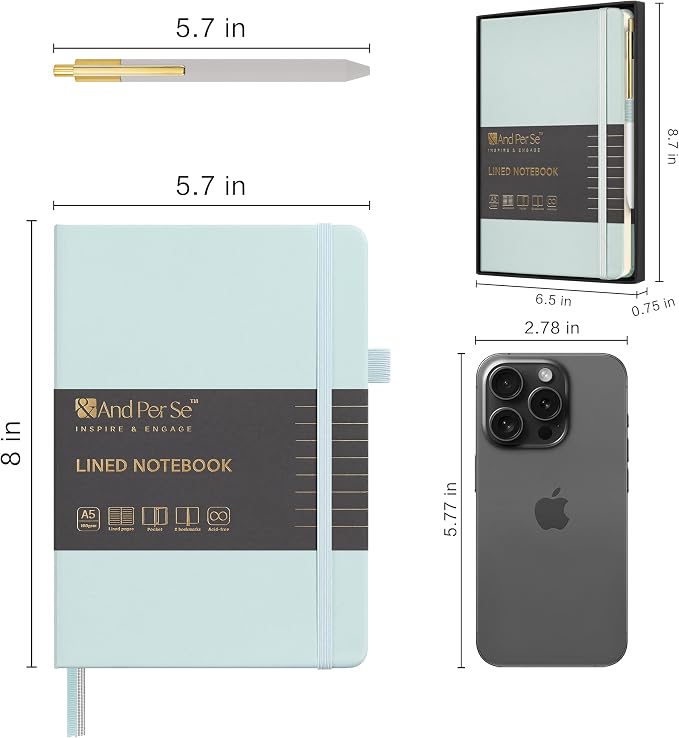 &And Per Se Lined Journal with Pen Set, A5 Leather Hardcover Notebook and Pen, 160 Pages 100GSM Thick Ruled Paper Journal for Writing (Cyan)
