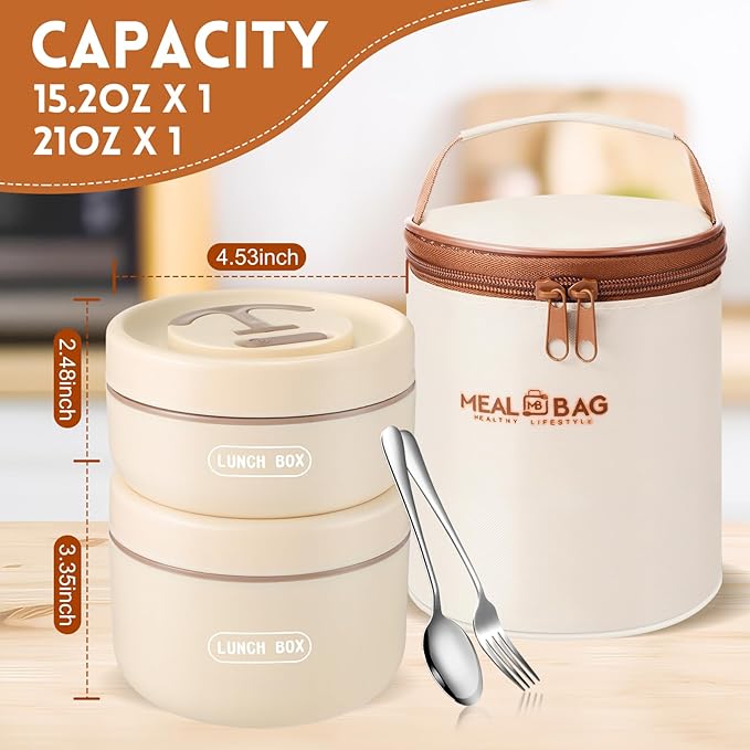 Dandat 2 Pcs Portable Insulated Lunch Containers Thermal Bento Box with Bag Fork Knife Microwavable Stainless Steel Lunch Box 15.2 oz 21 oz Separate Stackable Food Jar for Adult Men Women(Beige)
