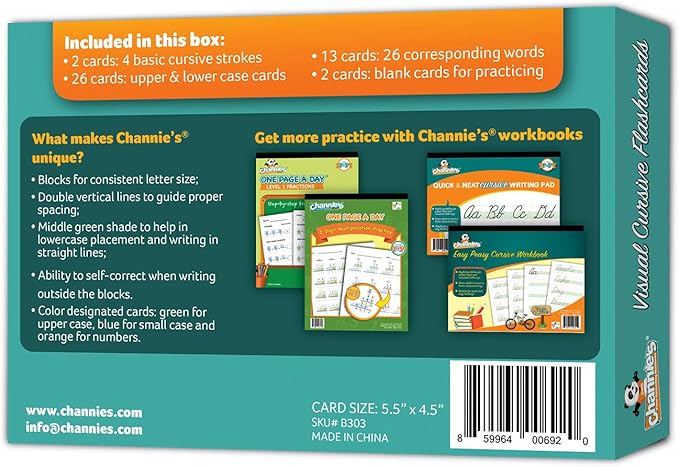 Channie’s Visual Cursive Flashcards, 43 Dry-Erase Cursive Handwriting Flash Cards, Daily Uppercase & Lowercase Cursive Letter Tracing Practice for 2nd-3rd Grade Kids