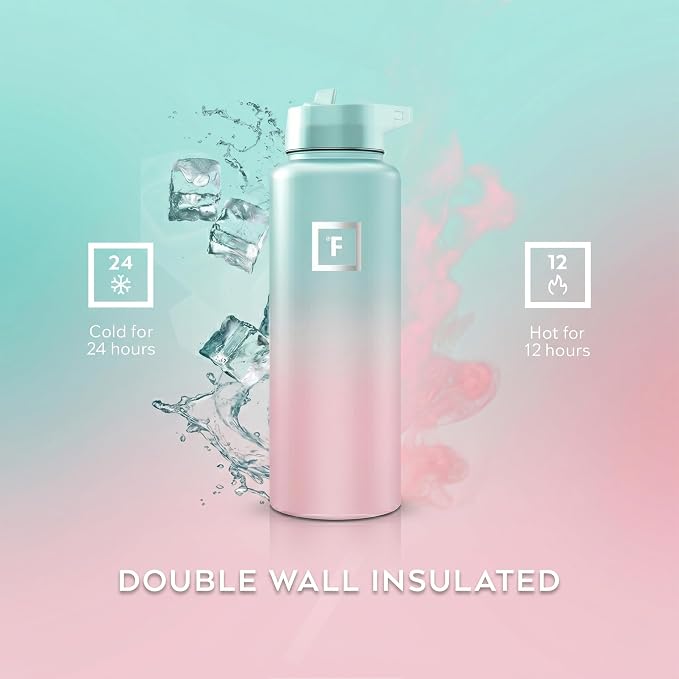 IRON °FLASK 40 oz Wide Mouth Water Bottle with Straw | Insulated Stainless Steel Sports Water Bottle with Leakproof Straw Lid - BPA Free, Cold 24 Hrs, Sweat Free (Bubble Gum)