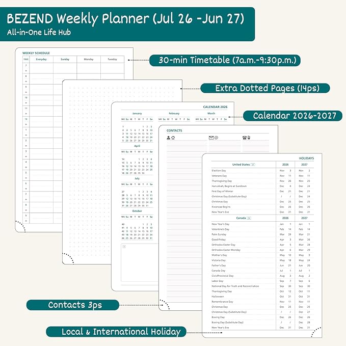 BEZEND Weekly Planner 2026 2027 Dot‑Grid Journal in One (5.5" x 8.5") 12 Month Academic Calendar with Tabs (Jul.26-Jun.27) for Student/School, 100gsm Thick Paper, PU Leather Hardcover - Black