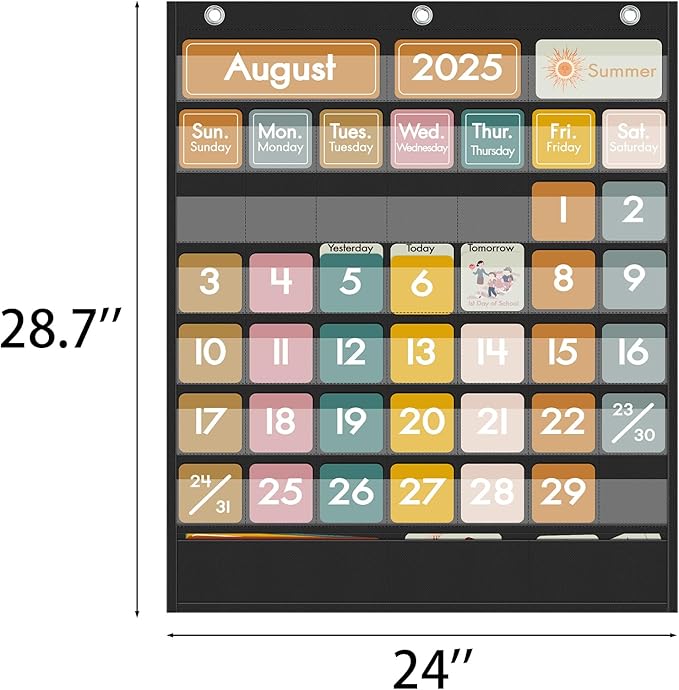 48 Pockets Classroom Calendar for Kids Learning, Pocket Chart Calendar Decor with Special Educational Cards, Teacher and Classroom Must Have Supplies, Boho