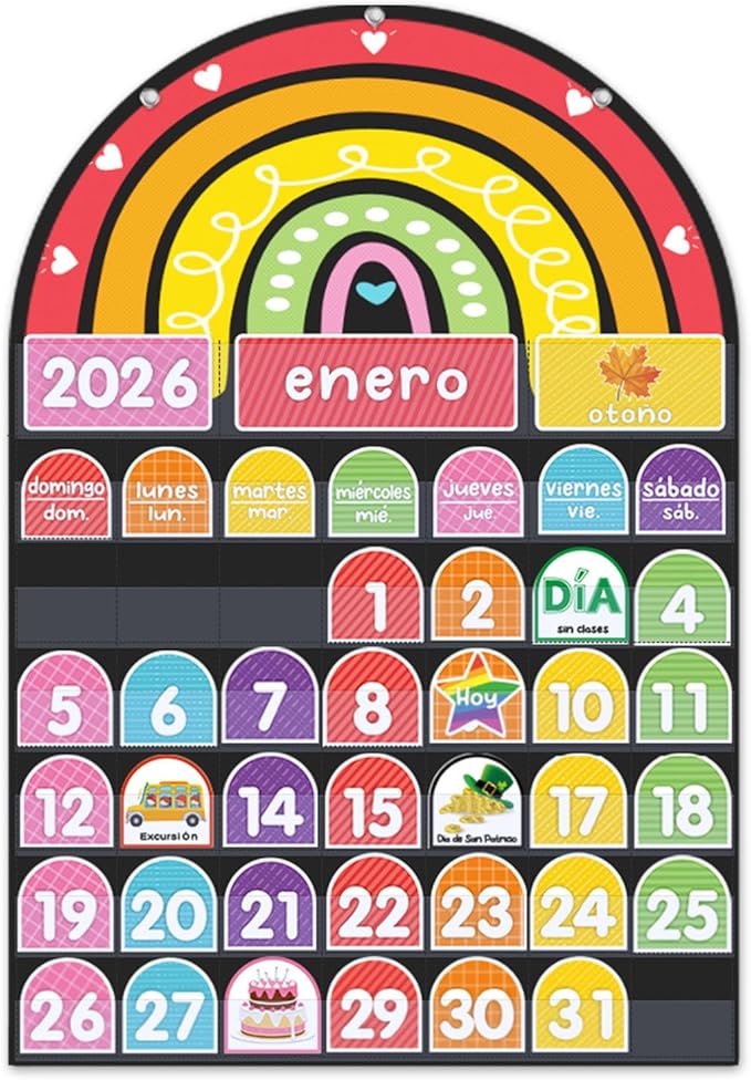 Rainbow Design Calendar Pocket Chart for Classroom & Home with 96 Activity Cards -Educational and Learning Calender Skills (Spanish)