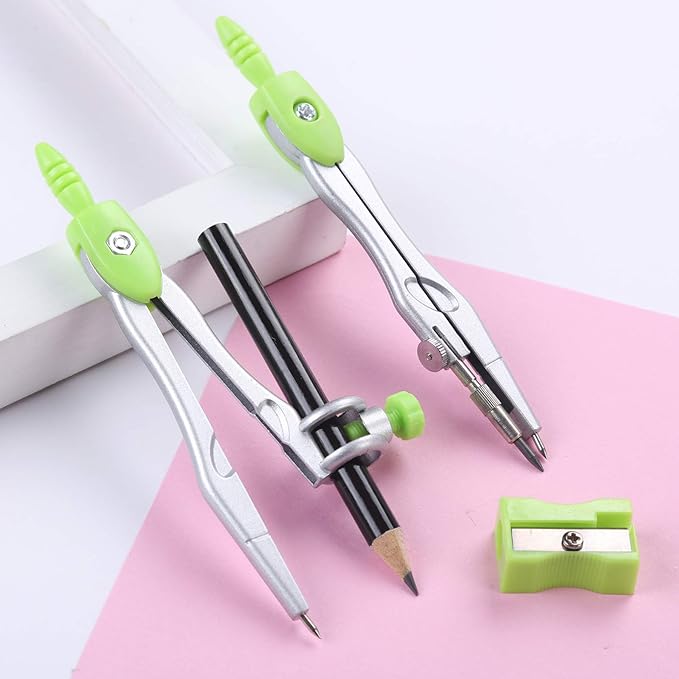 Vobou Math Geometry Kit Sets 10 Piece Student Supplies with Shatterproof Storage Box,Includes Rulers,Protractor,Compass,Eraser,Pencil Sharpener,Lead Refills,Pencil,for Drafting（Green）