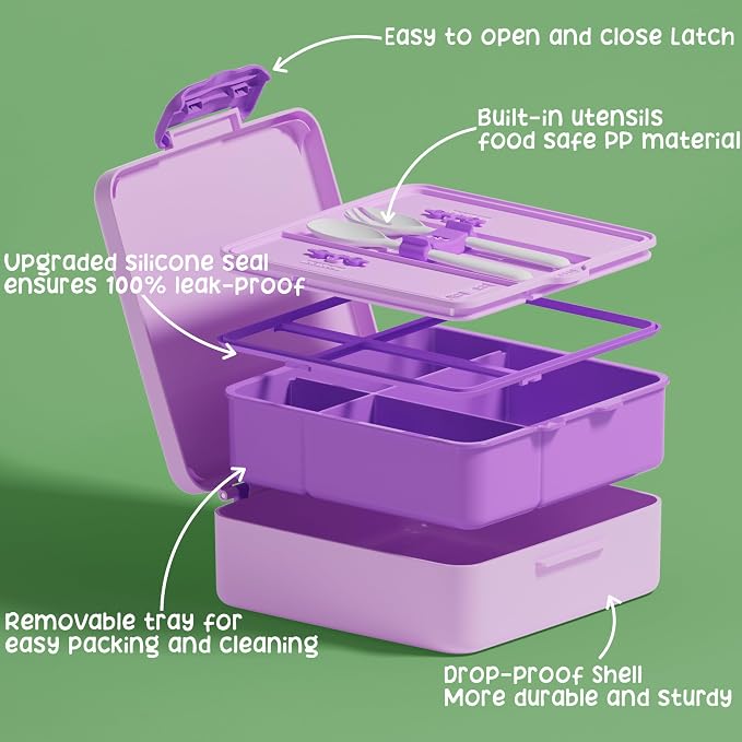 Fimibuke Bento Lunch Box for Kids, Toddler Bento Box with 4 Compartments | Leak Proof BPA Free Dishwasher Safe Lunch Container with Utensils, Ideal Portion Sizes for Ages 3-12 Girls Boys for School