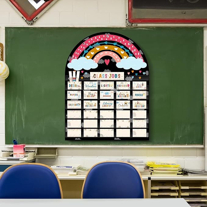 Pajean Class Jobs Pocket Chart Rainbow Pocket Chart with 96 Pcs Boho Cards Classroom Bulletin Board Set Teacher's Helper Hands Management Chalkboard Decor for Back to School Preschool Supplies
