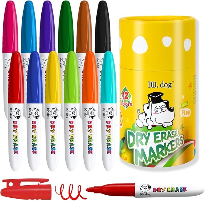 Colorful Mini Whiteboard Markers for Kids, 12 Non-Toxic Fine Tip Dry Erase Markers, Low-Odor Doodling & Drawing Pens, 3.8in Small Art Set for School & Home (12 Pack)