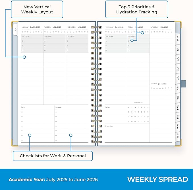 Blue Sky 2025-2026 Weekly and Monthly Academic Year Planner Calendar, July 2025 - June 2026, 5" x 8", Faux Leather Cover, Wirebound, Storage Pocket, Laminated Tabs, Blue Haze