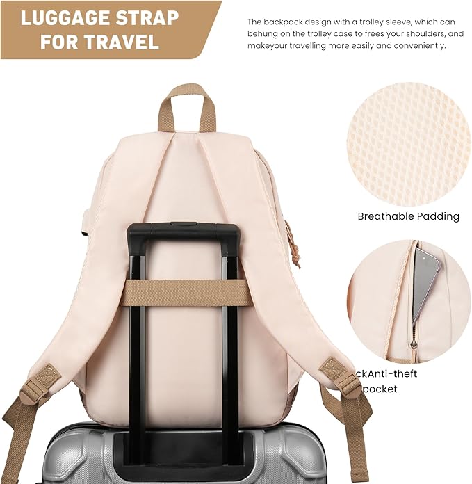KROSIAS School Backpack for Teens Girls, Cute Student Bookbag Large 15.6 Inch Laptop Bag Aesthetic College Backpacks for Women High School Travel (Khaki Beige)