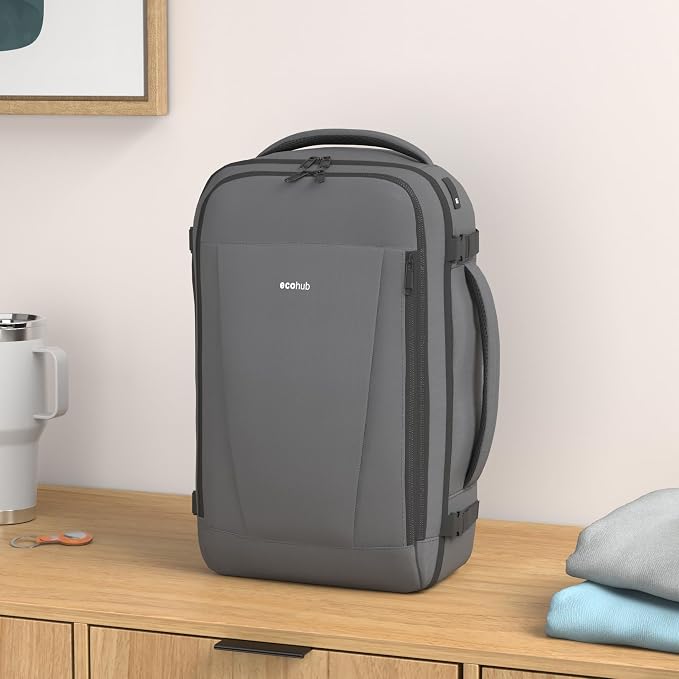 ECOHUB Travel Backpack 18x14x8 Frontier Airlines Personal Item Bag Gray | Carry On Backpack with 13 Pockets, Casual Daypack for Men Women Airline Approved Water Resistant Back pack with Charging Port