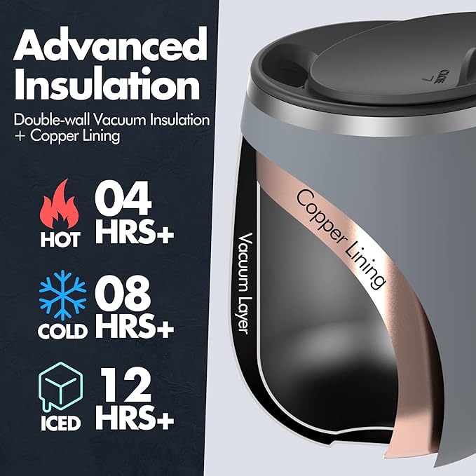 GRANDTIES Insulated Coffee Mug with Handle - Sliding Lid for Splash-Proof 16oz Wine-Glass Shape Thermal Tumbler with Double Walled Vacuum Stainless Steel to Keeps Beverages Hot or Cold-Glacier Lake
