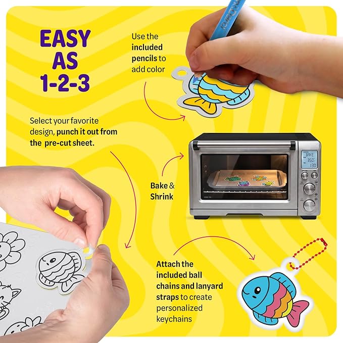 Dan&Darci Shrink Art Craft Kit for Girls and Boys Ages 6-12 - Shrink Magic Charm Making Kit with 30 Pre-Cut Shrink Plastic Templates - Kids Craft Birthday Gift for 7 8 9 10 Year Olds