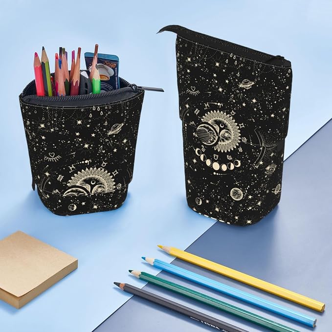 Moon and Sun Standing Pencil Case Cute Telescopic Stationary Pouch with Zipper Large Capacity Stand up Pen Bag Portable Makeup Holder for School Office Supplies