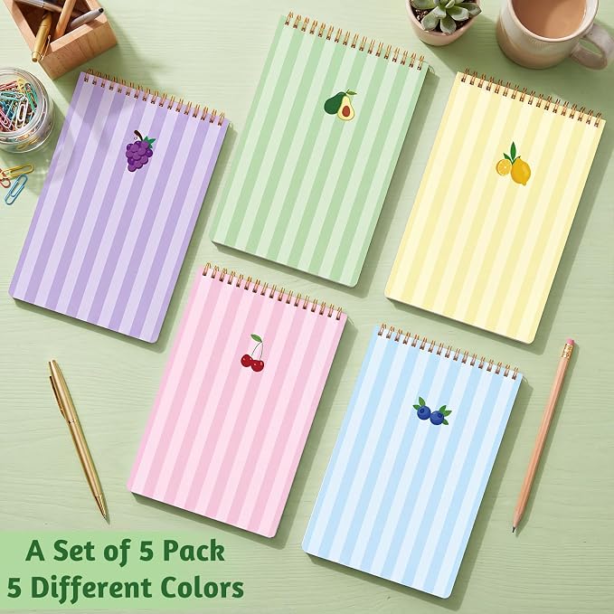 Thboxes 10 Pack 6 x 9 Steno Pads Top Spiral Notebook 5 Color Fruit Covers, White Paper with Double-sided Ruled Printing,80 Sheets Per Pad, for School, University, College, Work, Office.