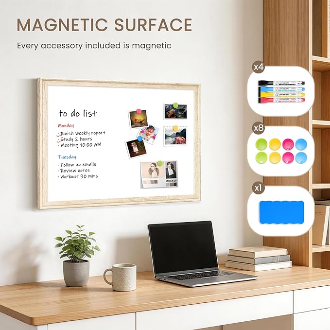 White Board for Wall, 17" x 13" Magnetic Dry Erase Board, Decorative Wooden Frame Whiteboard, Wall Mounted, Aesthetic Writing Board for Home, Office, School - Vintage