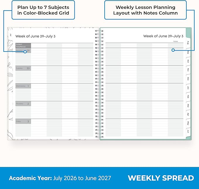 Blue Sky 2026-2027 Weekly and Monthly Academic Year Teacher Lesson Planner Calendar, July 2026 - June 2027, 8.5" x 11", Flexible Cover, Wirebound, Laminated Tabs, Storage Pocket, Prairie Aqua