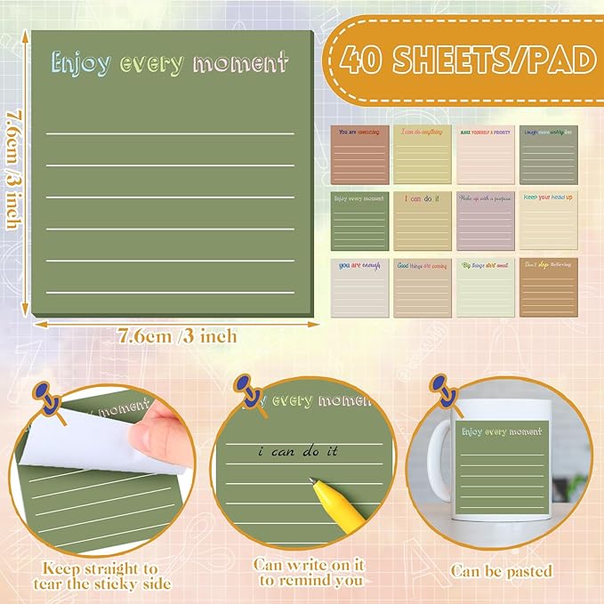 Yinder 24 Pcs Inspirational Sticky Notes Cute Motivational Sticky Notes Pad End of Year Employee Appreciation Gifts Bulk for Teacher Nurse Coworkers Office Supplies 3 x 3'' (Inspirational,Boho)