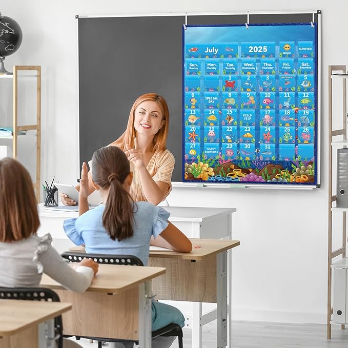Weysat Classroom Calendar Pocket Chart Set Calendar Bulletin Board with Pocket Bulletin Board Season Festival Weather Date Chart for Preschool Elementary School Teacher Supplies(128 Pcs,Sea Animals)