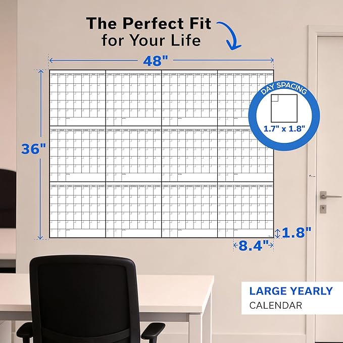 Yearly Large Dry Erase Calendar for Wall 36x48, 12 Office Annual, Erasable Month, Rolled Whiteboard White Board, Year Calendar Planner Giant Family for Dry Undated Classroom Erase Wall Reusable