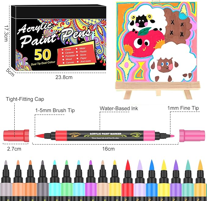 Amamao 100 Colors Acrylic Paint Markers Pens Set,50 Pack Dual Tip Acrylic Paint Markers with Brush Tip and Fine Tip for Rock Painting Fabric Plastic Wood Canvas Stone Glass Paper DIY Craft Supplies