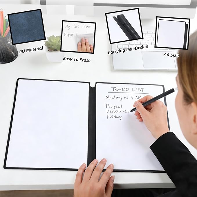 A4 Portable Whiteboard Notebook,12" x 9" Double Sided Dry Erase Board with Two Pens,Folding Reusable Writing Pad for Office Meetings,School,Planning,Travel,PU Cover(Denim Blue)