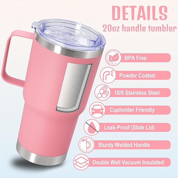 20 oz Tumbler with Handle and Lid, Stainless Steel Tumbler Insulated Travel Coffee Mug, Spill Proof Double Wall Vacuum Tumbler Cup Keep Drink Hot & Cold, Pink, 12 Pack