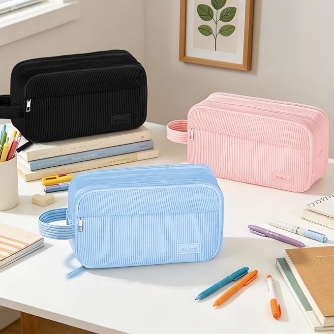 Cute Big Pencil Case Pouch Bag with Handle for Teen Girls Boy Gift | Large Capacity 4 Compartment Multiple Pockets Corduroy Aesthetic Pen Bag Pouch Organizer for School College Supplies,Beige