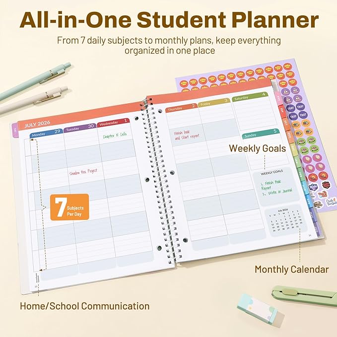 Student Planner 2026-2027, SUNEE Middle or High School Student Planner for Academic Year Jul. 2026 - Jun. 2027, 8.5"×11" Lesson Plan Book with 3-Hole Punched, Bookmark, Planning Stickers, Pastel Draw