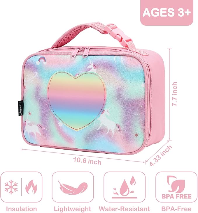 FlowFly Kids Lunch box Insulated Soft Bag Mini Cooler Back to School Thermal Meal Tote Kit for Girls, Boys, Glitter-Unicorn