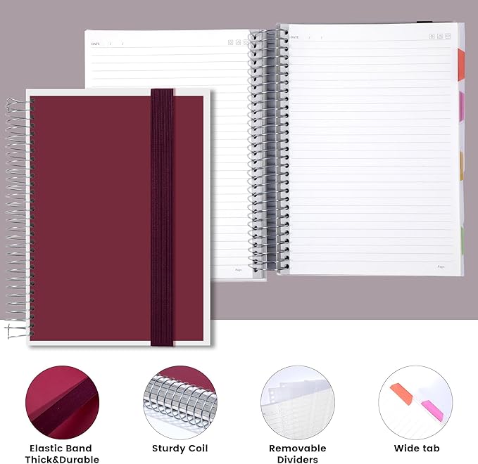 Yoment 5 Subject Notebook College Ruled, 300 Pages Spiral Notebook with Removable Divider Tabs，Hardcover 8 x 10 Inches College Ruled Journal 1 Inner Pocket for School College Work Office Home,Red