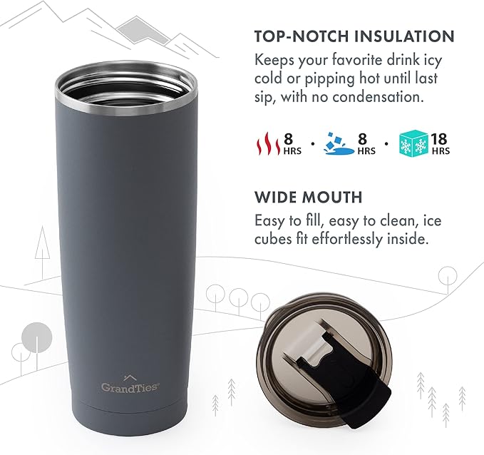 GRANDTIES Insulated Coffee Tumbler Cup w/Tritan Lid | Leak Proof, Reusable, Double Walled Vacuum Stainless Steel Water Bottle Travel Mug | Thermal Cups for Hot and Cold Drinks | 20oz | Stone Gray