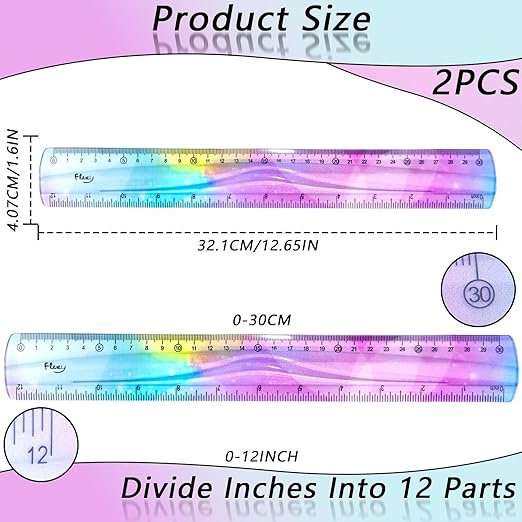 2 PCS 12 Inch Flexible Ruler, Bendable Plastic Ruler, Soft Bendable Gradient Colour Rulers with Centimeters and Inches for Student School Classroom Office Supplies