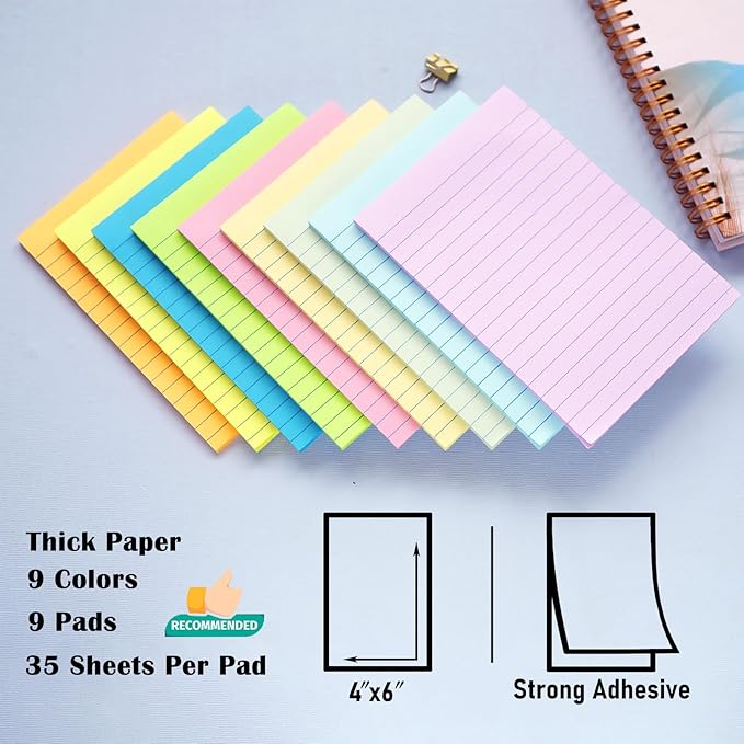 HQCME 9 Pack Lined Sticky Notes 4X6 in Post, 9 Pastel Colors Large Ruled Post Sticky Colorful Super Sticking Power Memo Pads Strong Adhesive, Sticky Notes with Lines Office, Home, 35 Sheets/pad