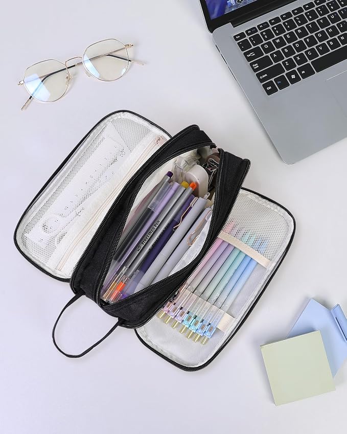 SKYDUE Large Capacity Pencil Case with Handle, 3 Compartment Canvas Pencil Pouch, Cute Soft Color Pencil Bag for Pens, Markers, Aesthetic Stationery and Organizer for Teen Girls Adult, Black
