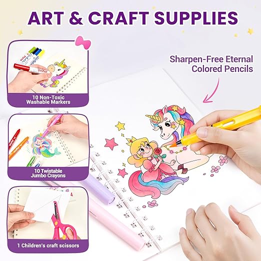 46-Piece Washable Back to School Supplies Gift Kit for Kids-Unicorn Essential First Day Gift Set for Kindergarten & Elementary, Art Supplies & Refillable Tools, Ideal Kids Stationery Set for Girls.