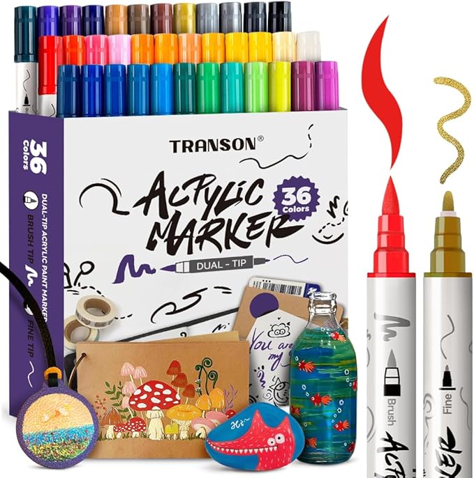 TRANSON 36 Colors Fine and Brush Dual-tip Acrylic Paint Marker Pen Set for Canvas Rock Wood Leather Ceramic DIY Painting
